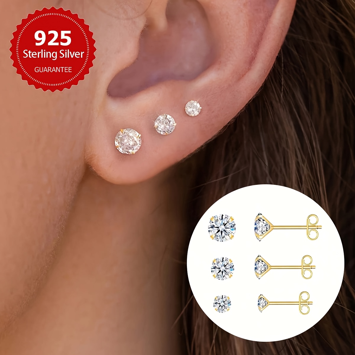 3 Pairs Sterling Silver Sparkling Stud Earrings Set